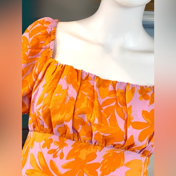 Orange sherbet and lavender puff sleeve mini dress S M L - Picture 3 of 4